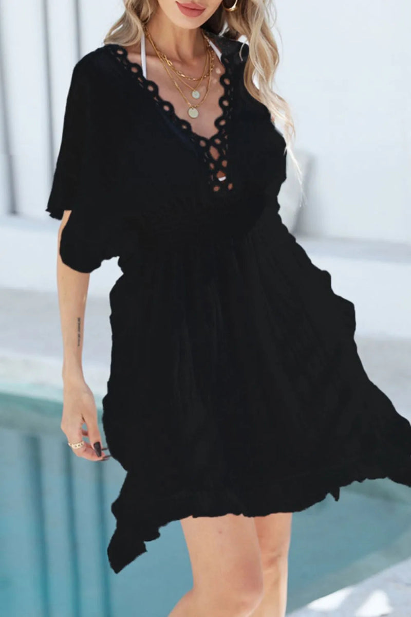 Ruffled Smocked Waist V - Neck Cover - Up - Diverse Creations & CompanyCover - Ups swimwearBlack