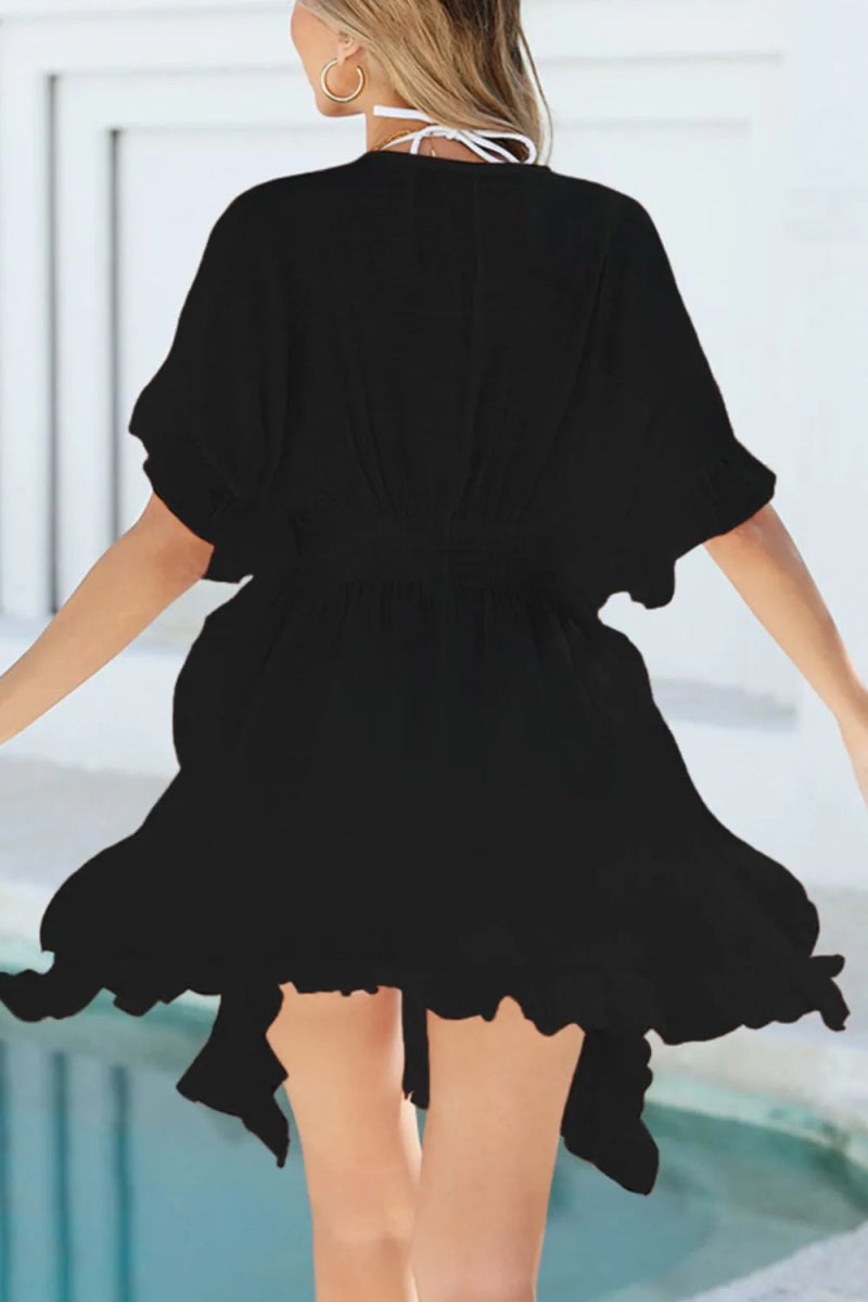 Ruffled Smocked Waist V - Neck Cover - Up - Diverse Creations & CompanyCover - Ups swimwearBlack