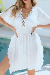 Ruffled Smocked Waist V - Neck Cover - Up - Diverse Creations & CompanyCover - Ups swimwearWhite