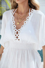 Ruffled Smocked Waist V - Neck Cover - Up - Diverse Creations & CompanyCover - Ups swimwearWhite