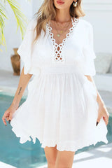 Ruffled Smocked Waist V - Neck Cover - Up - Diverse Creations & CompanyCover - Ups swimwearWhite