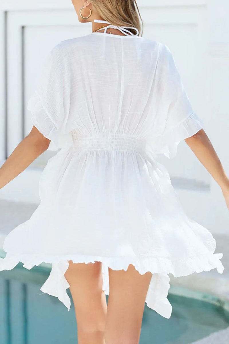 Ruffled Smocked Waist V - Neck Cover - Up - Diverse Creations & CompanyCover - Ups swimwearWhite
