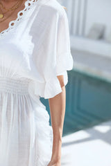 Ruffled Smocked Waist V - Neck Cover - Up - Diverse Creations & CompanyCover - Ups swimwearWhite