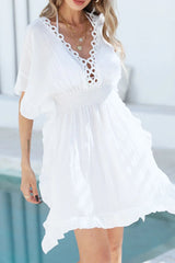 Ruffled Smocked Waist V - Neck Cover - Up - Diverse Creations & CompanyCover - Ups swimwearWhite