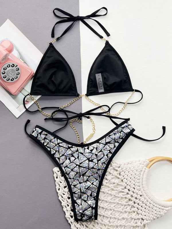 Sequin Halter Neck Two - Piece Bikini Set - Diverse Creations & Companyswimwear bikiniBlack