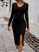 Sexy Slim V - Neck Slit Sweater Dress - Diverse Creations & CompanySweater dressBlack