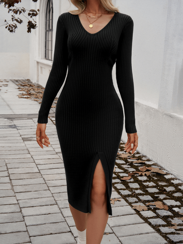 Sexy Slim V - Neck Slit Sweater Dress - Diverse Creations & CompanySweater dressBlack
