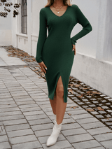 Sexy Slim V - Neck Slit Sweater Dress - Diverse Creations & CompanySweater dressOlive green