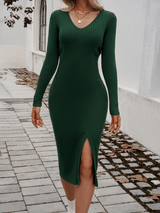 Sexy Slim V - Neck Slit Sweater Dress - Diverse Creations & CompanySweater dressOlive green