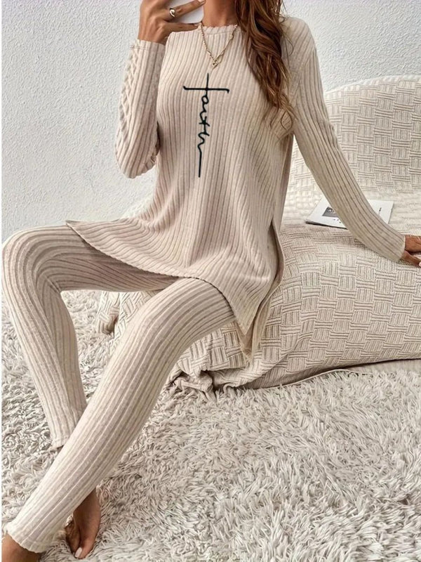 Side Slit Round Neck Long Sleeve Top and Pants Set - Diverse Creations & CompanySide Slit Round Neck Long Sleeve Top and Pants SetDust Storm