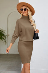 Slim Fit Ribbed Dress with Mock Neck & Long Sleeves - Diverse Creations & Companysweater dressCoffee Brown