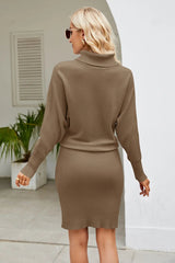 Slim Fit Ribbed Dress with Mock Neck & Long Sleeves - Diverse Creations & Companysweater dressCoffee Brown
