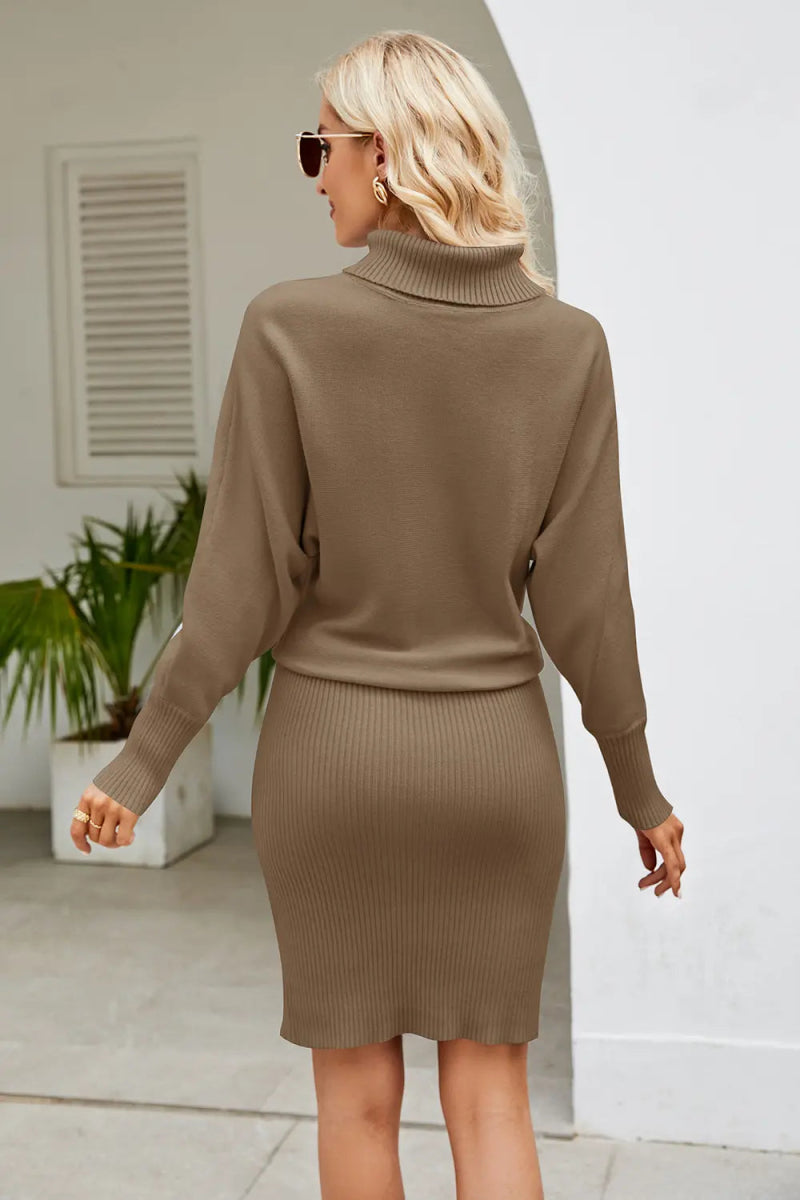 Slim Fit Ribbed Dress with Mock Neck & Long Sleeves - Diverse Creations & Companysweater dressCoffee Brown