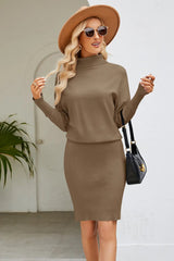 Slim Fit Ribbed Dress with Mock Neck & Long Sleeves - Diverse Creations & Companysweater dressCoffee Brown