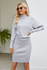 Slim Fit Ribbed Dress with Mock Neck & Long Sleeves - Diverse Creations & Companysweater dressLight Gray