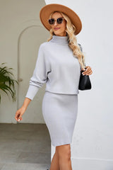 Slim Fit Ribbed Dress with Mock Neck & Long Sleeves - Diverse Creations & Companysweater dressLight Gray
