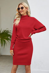 Slim Fit Ribbed Dress with Mock Neck & Long Sleeves - Diverse Creations & Companysweater dressRed