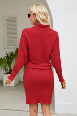 Slim Fit Ribbed Dress with Mock Neck & Long Sleeves - Diverse Creations & Companysweater dressRed