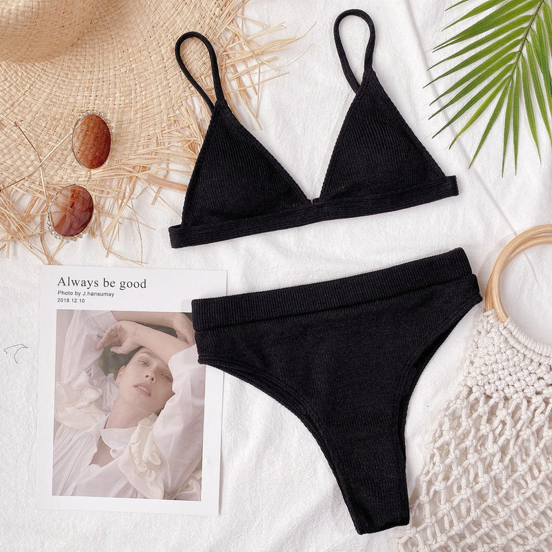 Spaghetti Strap Ribbed Bikini Set - Diverse Creations & CompanySwimwear bikiniBlack