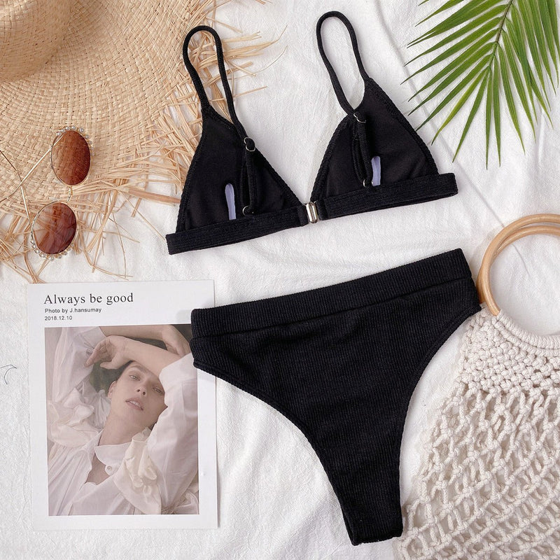 Spaghetti Strap Ribbed Bikini Set - Diverse Creations & CompanySwimwear bikiniBlack