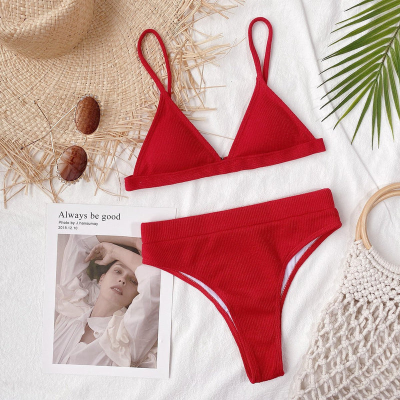 Spaghetti Strap Ribbed Bikini Set - Diverse Creations & CompanySwimwear bikiniDeep Red