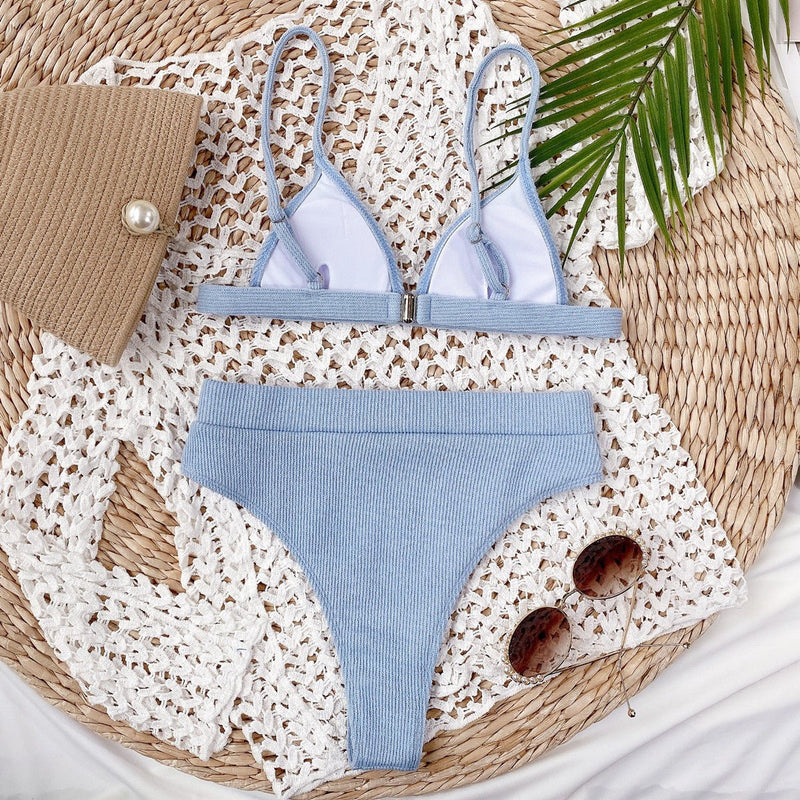 Spaghetti Strap Ribbed Bikini Set - Diverse Creations & CompanySwimwear bikiniLight Blue