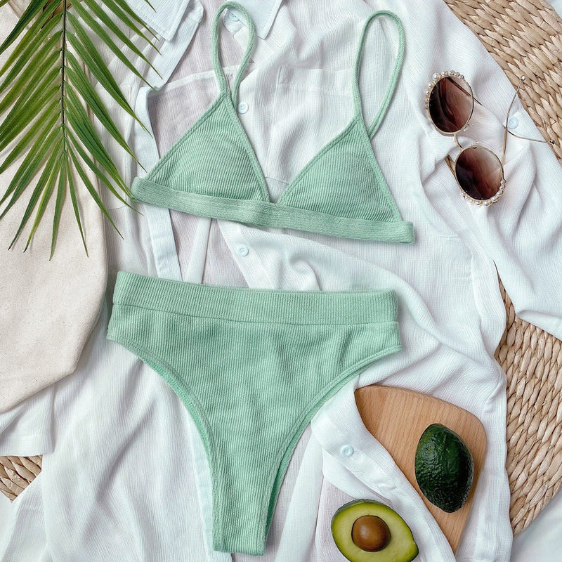 Spaghetti Strap Ribbed Bikini Set - Diverse Creations & CompanySwimwear bikiniLight Green