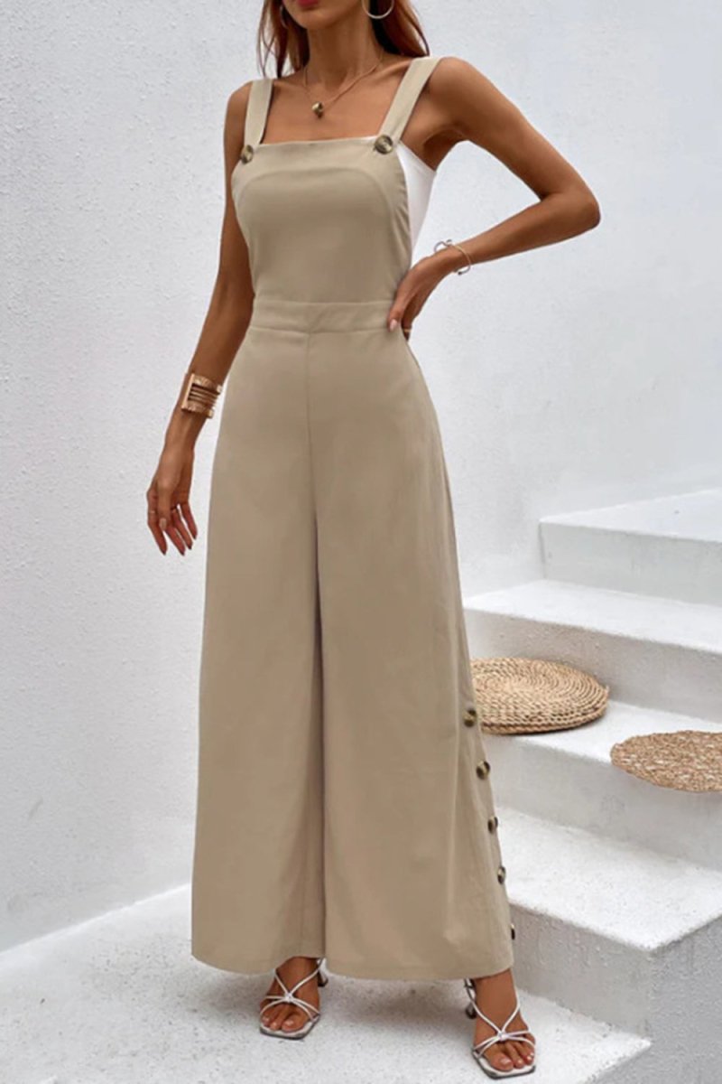 Square Neck Wide Strap Jumpsuit - Diverse Creations & CompanySquare Neck Wide Strap JumpsuitKhaki