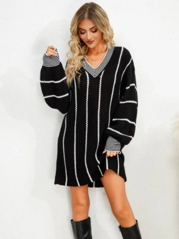 Striped V - Neck Long Sleeve Mini Dress - Diverse Creations & Companysweater dressBlack