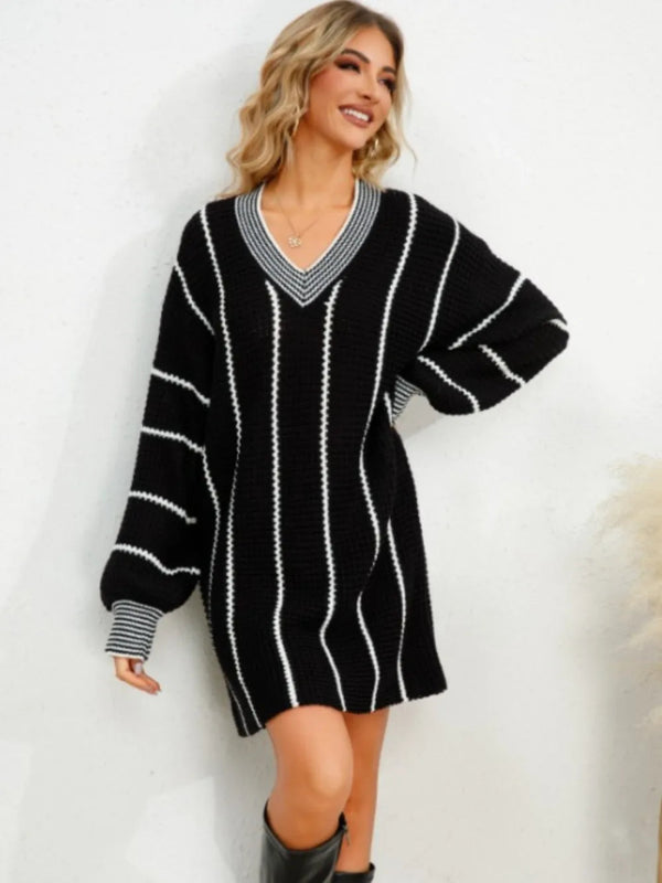 Striped V - Neck Long Sleeve Mini Dress - Diverse Creations & Companysweater dressBlack