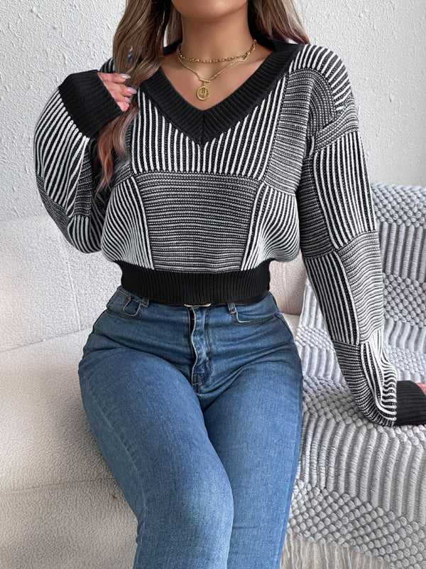 Striped V - Neck Long Sleeve Sweater - Diverse Creations & CompanyStriped V - Neck Long Sleeve SweaterBlack