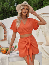 Surplice Flutter Sleeve Top and Tied Shorts Set - Diverse Creations & CompanyShorts Shirt setOrange-Red