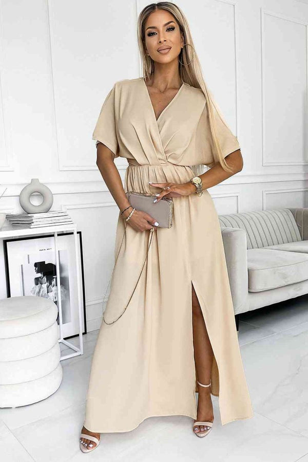 Surplice Neck Slit Maxi Dress - Diverse Creations & CompanyMaxi Dress with SlitBeige