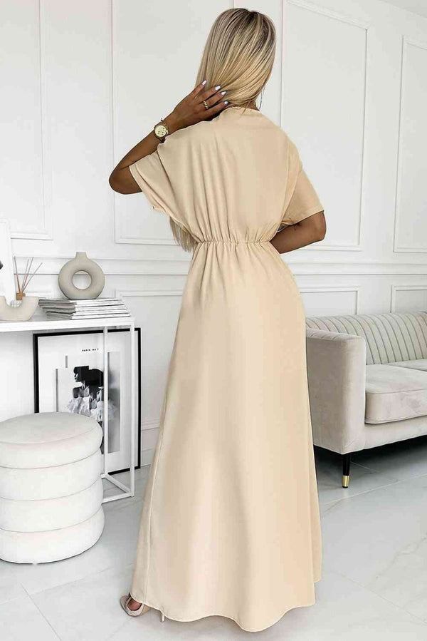 Surplice Neck Slit Maxi Dress - Diverse Creations & CompanyMaxi Dress with SlitBeige