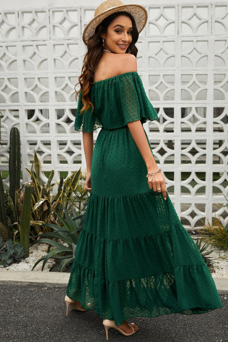 Swiss Dot Off-Shoulder Tiered Maxi Dress - Diverse Creations & CompanyMaxi dressGreen