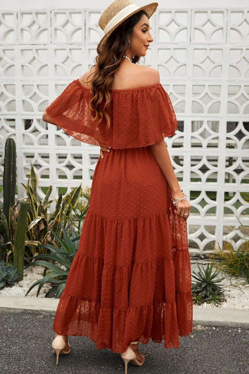 Swiss Dot Off-Shoulder Tiered Maxi Dress - Diverse Creations & CompanyMaxi dressRed