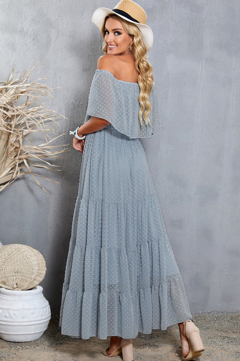 Swiss Dot Off-Shoulder Tiered Maxi Dress - Diverse Creations & CompanyMaxi dressSky Blue