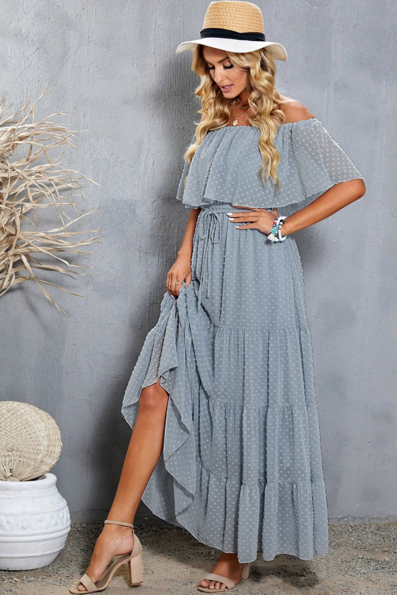 Swiss Dot Off-Shoulder Tiered Maxi Dress - Diverse Creations & CompanyMaxi dressSky Blue