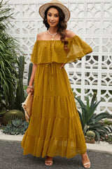 Swiss Dot Off-Shoulder Tiered Maxi Dress - Diverse Creations & CompanyMaxi dressYellow