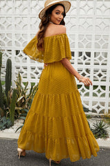 Swiss Dot Off-Shoulder Tiered Maxi Dress - Diverse Creations & CompanyMaxi dressYellow