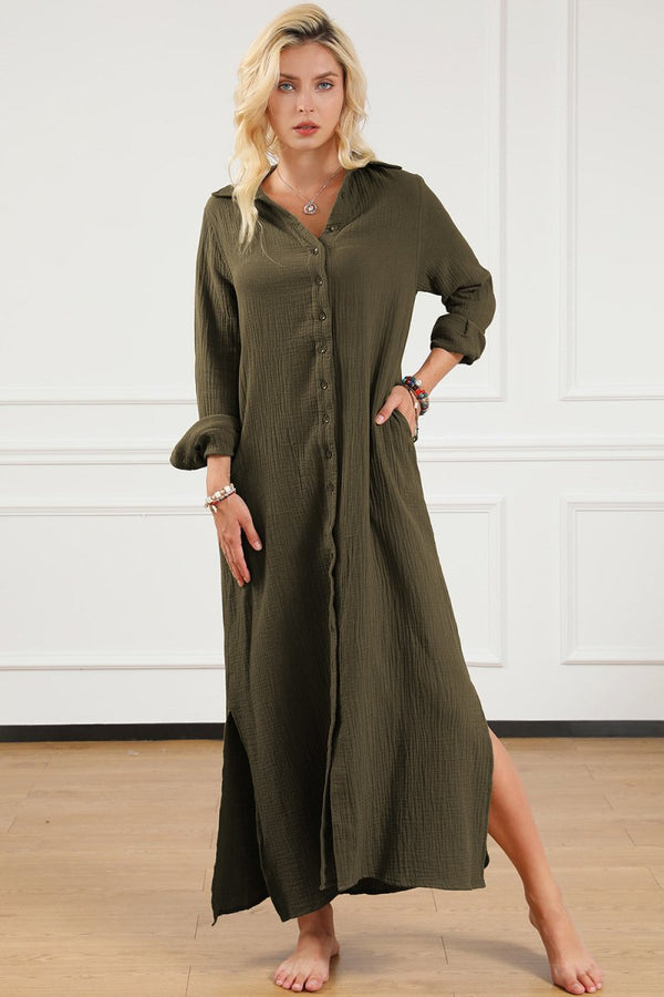 Texture Collared Neck Button Up Slit Shirt Dress - Diverse Creations & CompanyMaxi Summer DressMoss