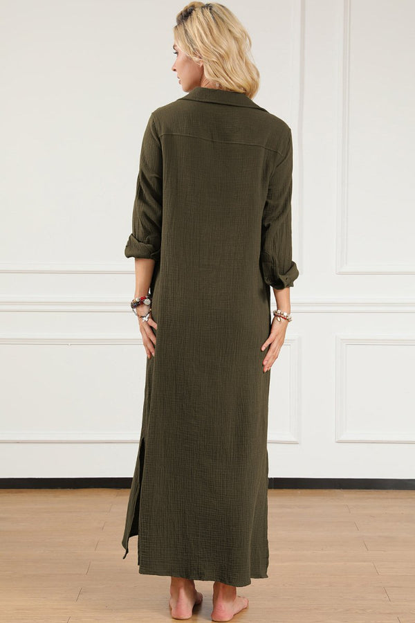 Texture Collared Neck Button Up Slit Shirt Dress - Diverse Creations & CompanyMaxi Summer DressMoss