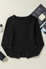 Textured Round Neck Long Sleeve Blouse - Diverse Creations & CompanyLong Sleeve Casual topBlack