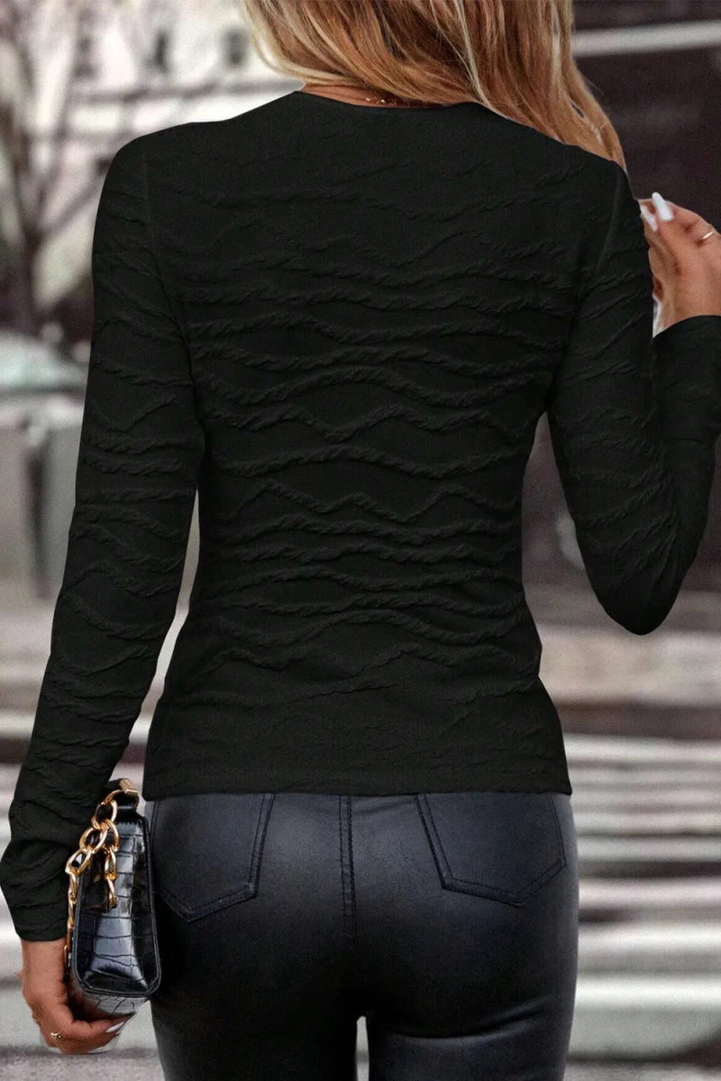 Textured Round Neck Long Sleeve Blouse - Diverse Creations & CompanyLong Sleeve Casual topBlack