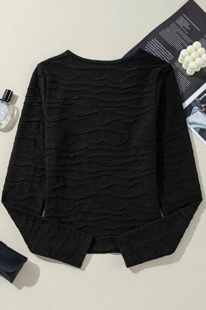 Textured Round Neck Long Sleeve Blouse - Diverse Creations & CompanyLong Sleeve Casual topBlack