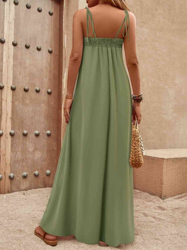 Tie-Shoulder Smocked Maxi Dress - Diverse Creations & CompanyMaxi DressMatcha Green