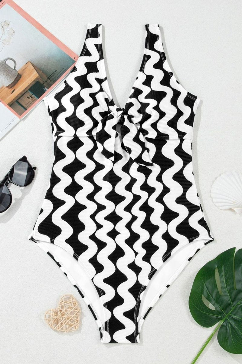Tied Front Contrast Striped One - Piece Swimsuit - Diverse Creations & CompanyOne piece swimwearBlack