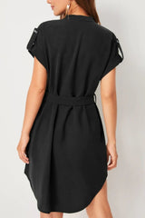 Tied Notched Short Sleeve Dress - Diverse Creations & CompanyTied notched Short Sleeve DressBlack