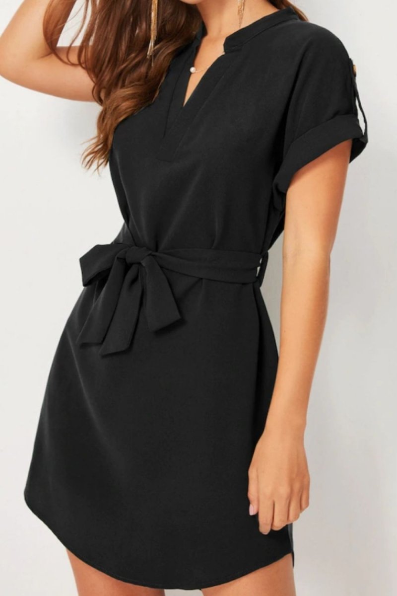 Tied Notched Short Sleeve Dress - Diverse Creations & CompanyTied notched Short Sleeve DressBlack