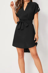 Tied Notched Short Sleeve Dress - Diverse Creations & CompanyTied notched Short Sleeve DressBlack